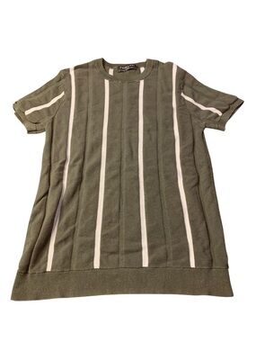 Primark Men’s Olive Green Vertical Stripe Knit T-Shirt - Size Large